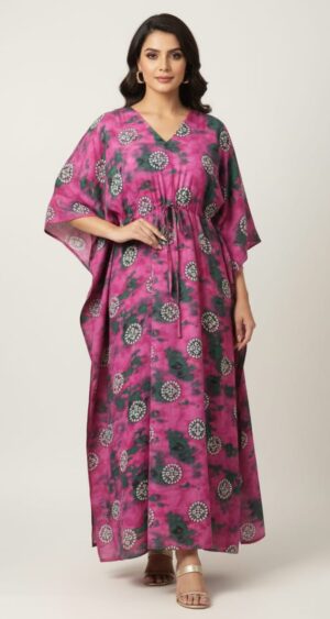 Magenta Pink kaftan with Dark Green and White Print