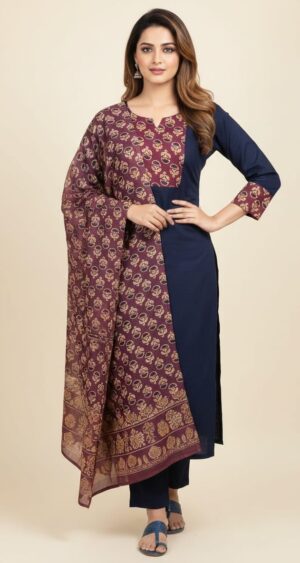 Navy Blue with Maroon Kurti Pant Dupatta Set