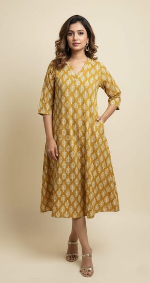Mustard Yellow with White Print one piece dress