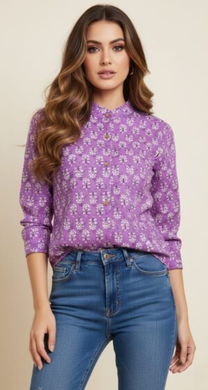 Lavender Purple Lady-Shirt with White Floral Print