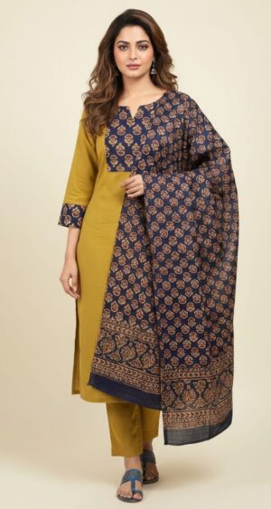 Mustard and Navy Blue Kurti Pant Dupatta Set