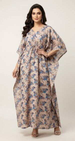 Sand beige with indigo-blue print Kaftan Dress