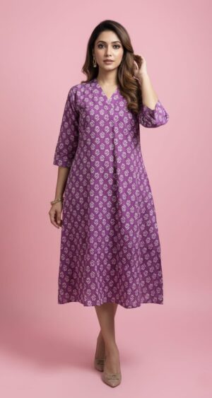 Purple with White Print one piece dress