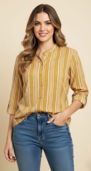 Mustard Lady-Shirt with White Stripe Print