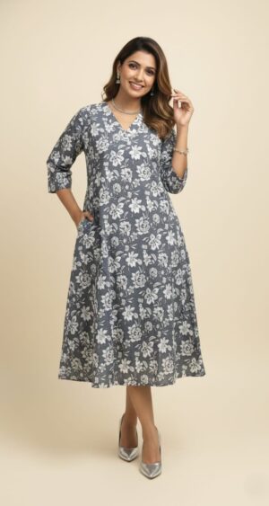 Grey with White Floral Print one piece dress