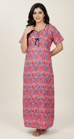 Brick Red with Blue Printed Night Gown