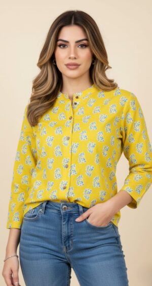 Mustard Yellow Lady-Shirt with White and Light Blue Print