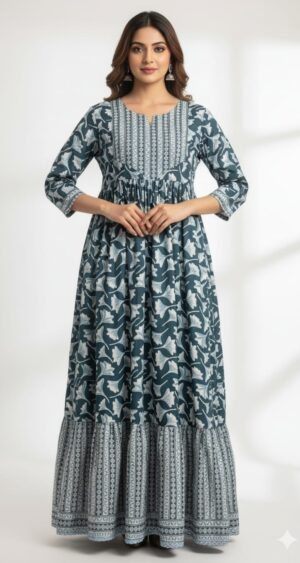 Teal Blue Cotton Anarkali Gown