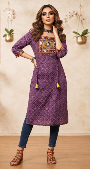 Women's Embroidered Bandhani Print Cotton Kurti with Mirror Work