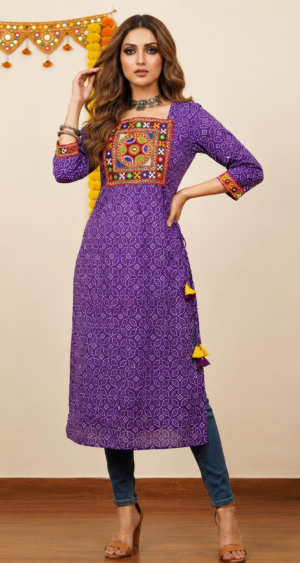 Women’s Purple Embroidered Bandhani Print Cotton Kurti with Mirror Work