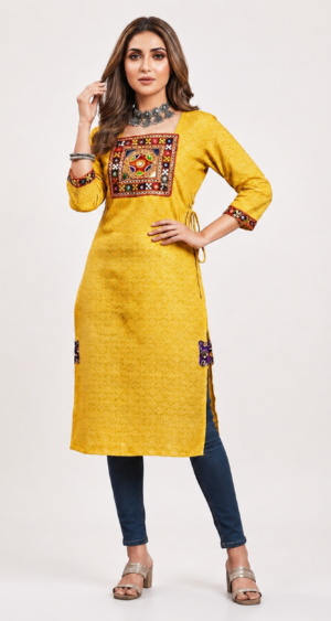 Women’s Yellow Embroidered Bandhani Print Cotton Kurti with Mirror Work