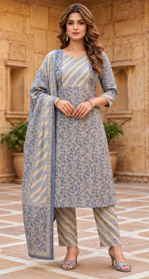 Women’s Blue Grey Printed Kurti Set with Matching Pants & Dupatta | Elegant Floral Ethnic Wear for Casual & Festive Occasions