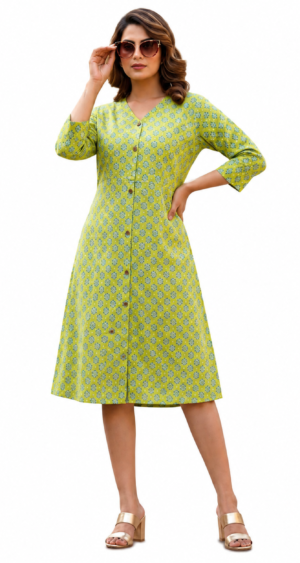 Women’s Green Printed A-Line Dress with V-Neck & 3/4 Sleeves