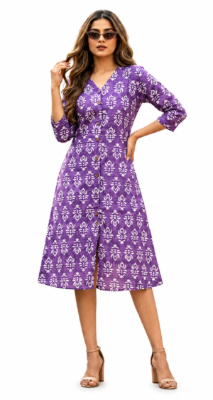 Women’s Purple Printed A-Line Dress with V-Neck & 3/4 Sleeves
