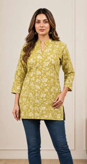 Women’s Olive Green Floral Printed Cotton Tunic Top with 3/4 Sleeves
