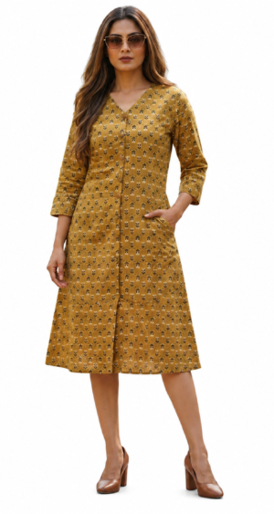 Women’s Mustard Printed A-Line Dress with V-Neck & 3/4 Sleeves