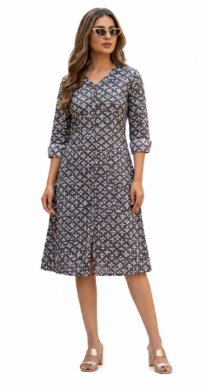 Women’s Grey Printed A-Line Dress with V-Neck & 3/4 Sleeves