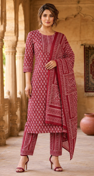 Women’s Maroon Printed Kurti Set with Matching Pants & Dupatta | Elegant Ethnic Wear for Casual & Festive Occasions