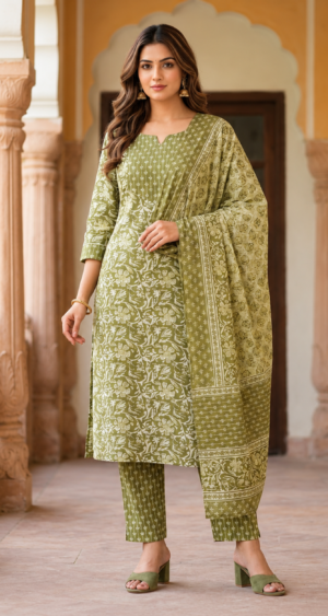 Women’s Olive Green Printed Kurti Set with Matching Pants & Dupatta | Elegant Floral Ethnic Wear for Casual & Festive Occasions