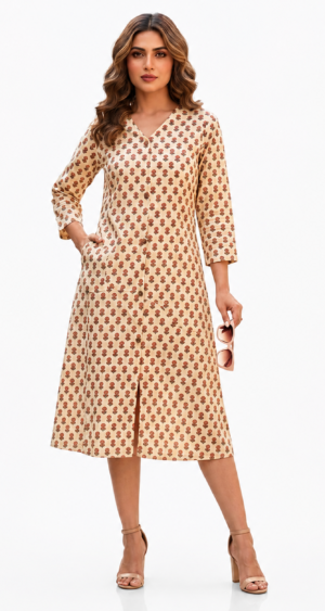 Women’s Beige Printed A-Line Dress with V-Neck & 3/4 Sleeves