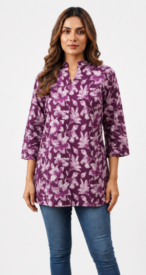 Women’s Purple Floral Printed Cotton Tunic Top with 3/4 Sleeves