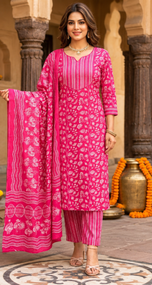 Women’s Pink Printed Kurti Set with Matching Pants & Dupatta | Elegant Floral Ethnic Wear for Casual & Festive Occasions